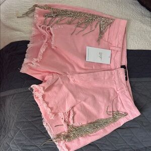Pink Jean Shorts with Embellished Hem